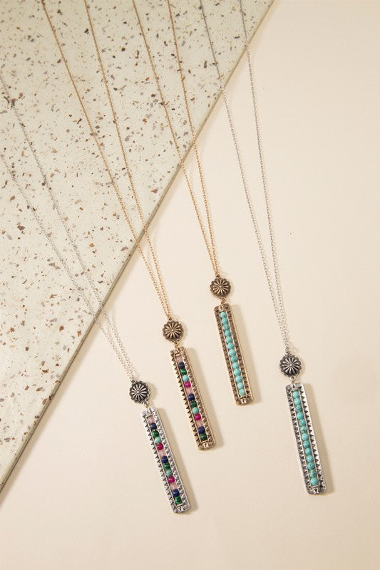 Long Rectangular Shape Beaded Pendant Necklace