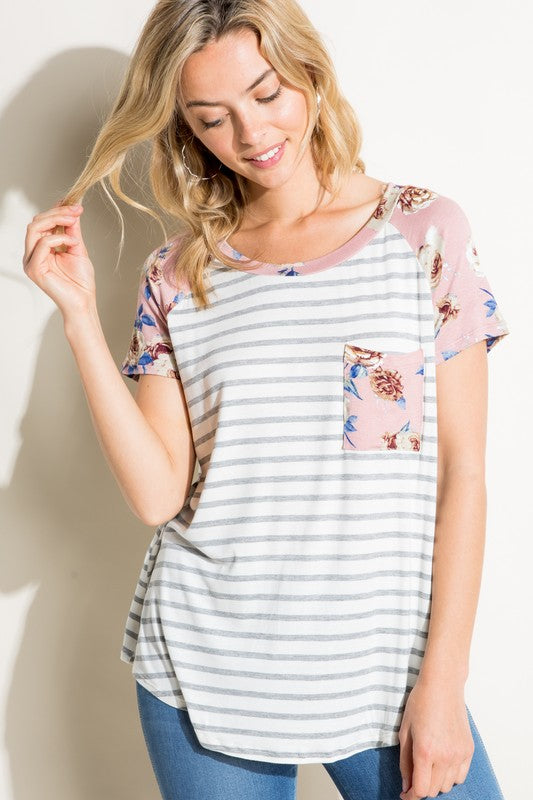 Plus Stripe Floral Mixed Pocket Top