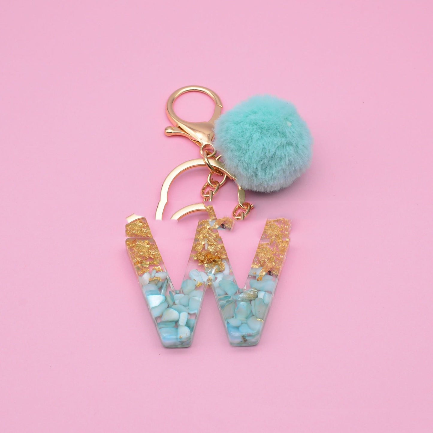 Turquoise Shell And Gold Foil Epoxy Alphabet Keychains