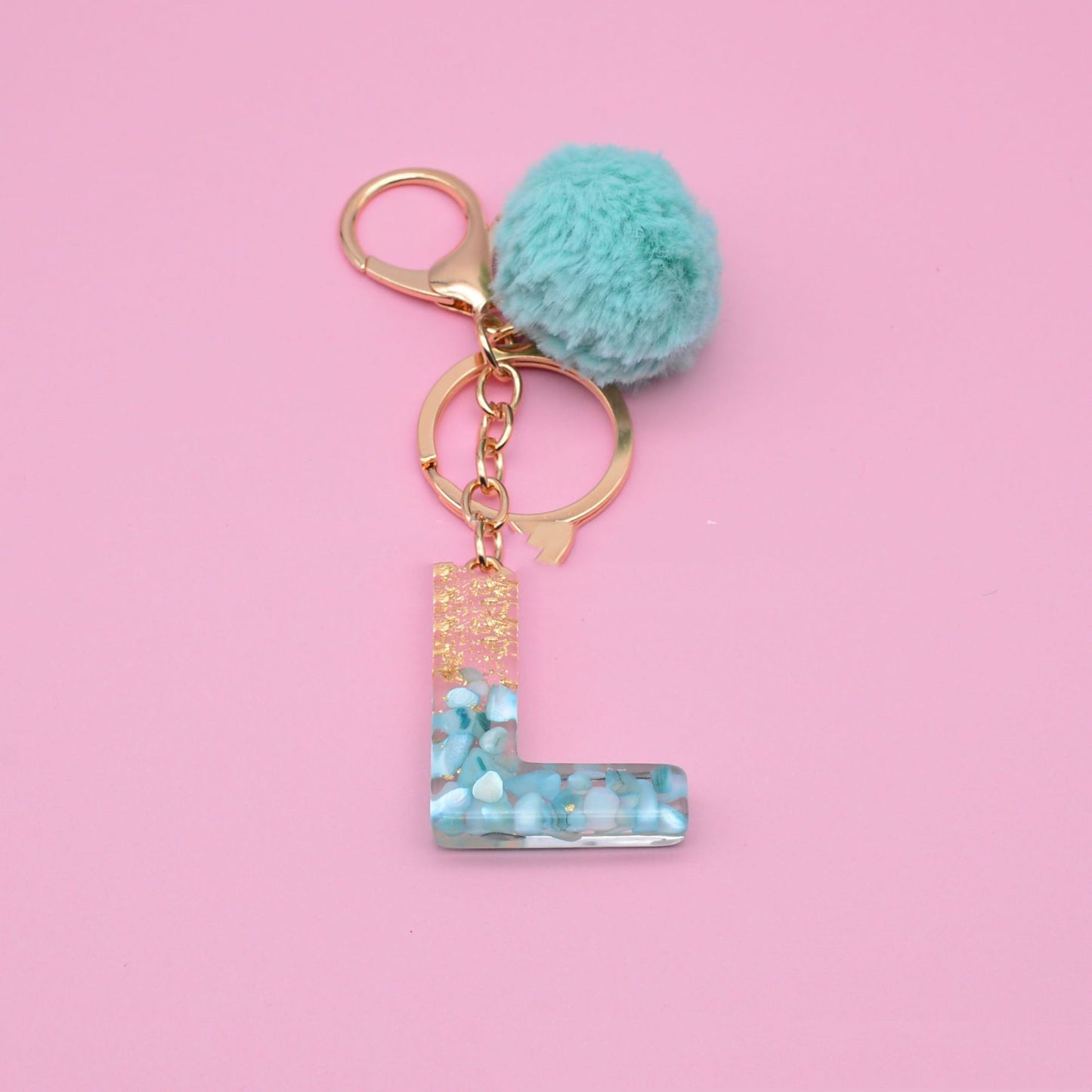 Turquoise Shell And Gold Foil Epoxy Alphabet Keychains