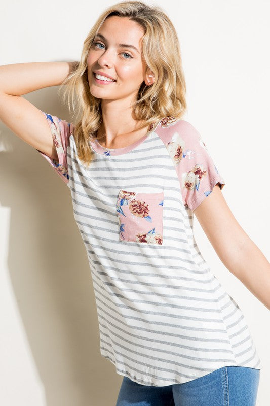 Plus Stripe Floral Mixed Pocket Top