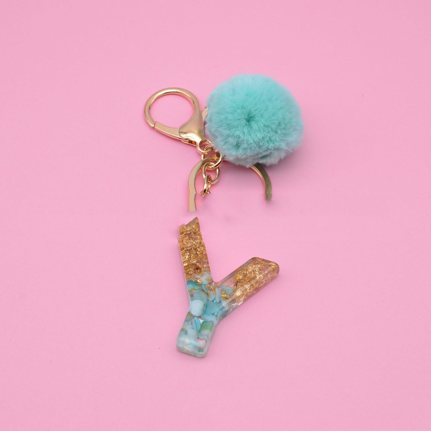 Turquoise Shell And Gold Foil Epoxy Alphabet Keychains