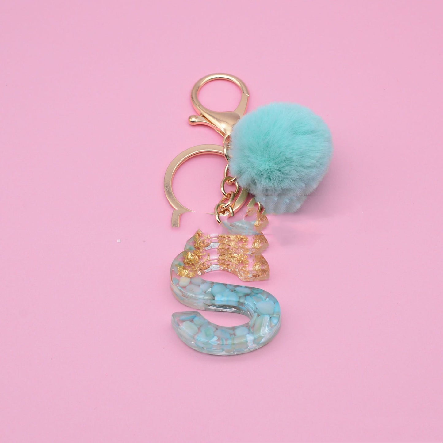 Turquoise Shell And Gold Foil Epoxy Alphabet Keychains