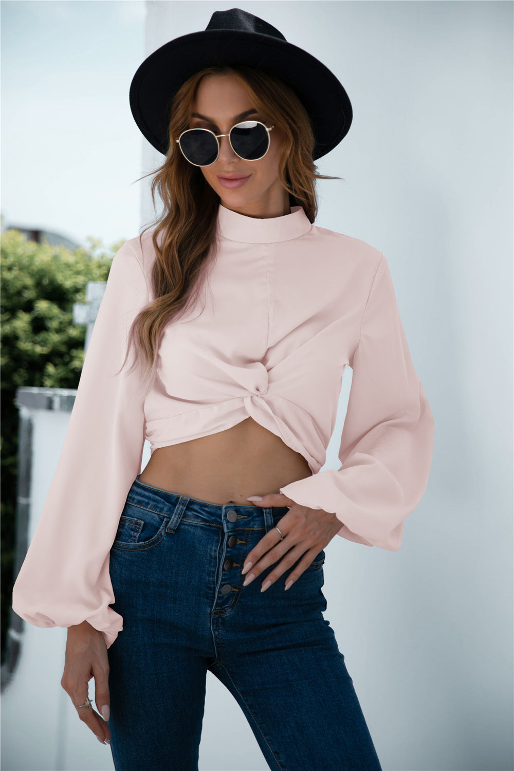 Twisted Design Lantern Sleeve Crop Top