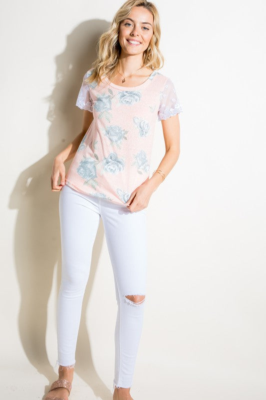 Floral Tri-blend Embroidery Lace Top