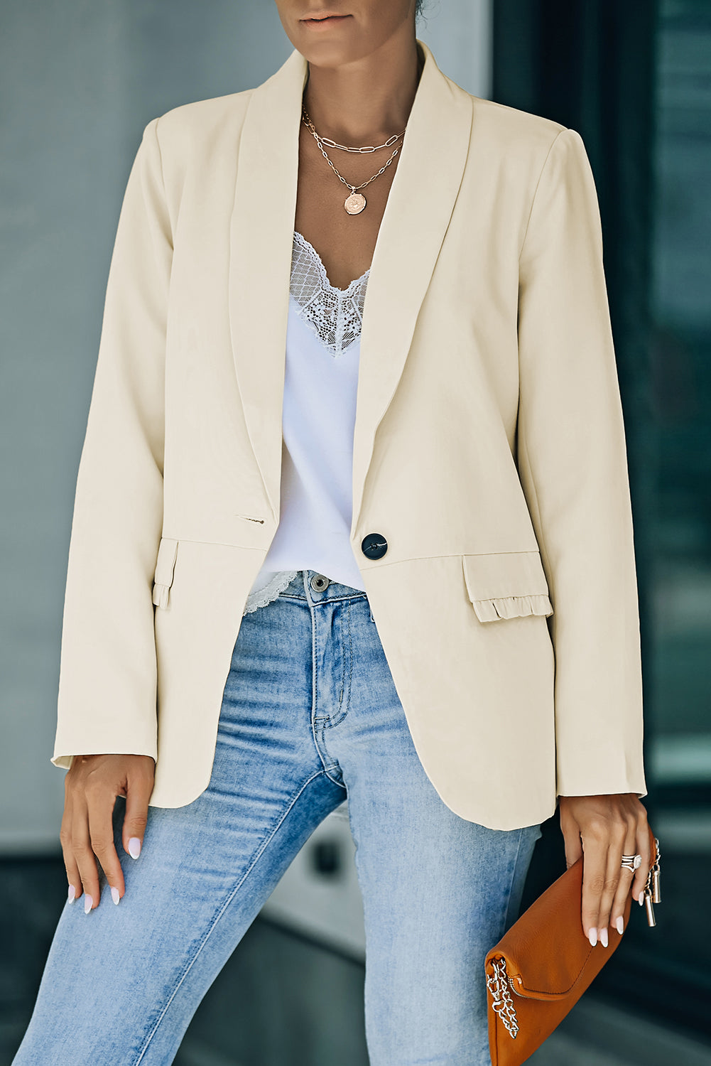 Beige Lapel Collar Button Pocket Blazer