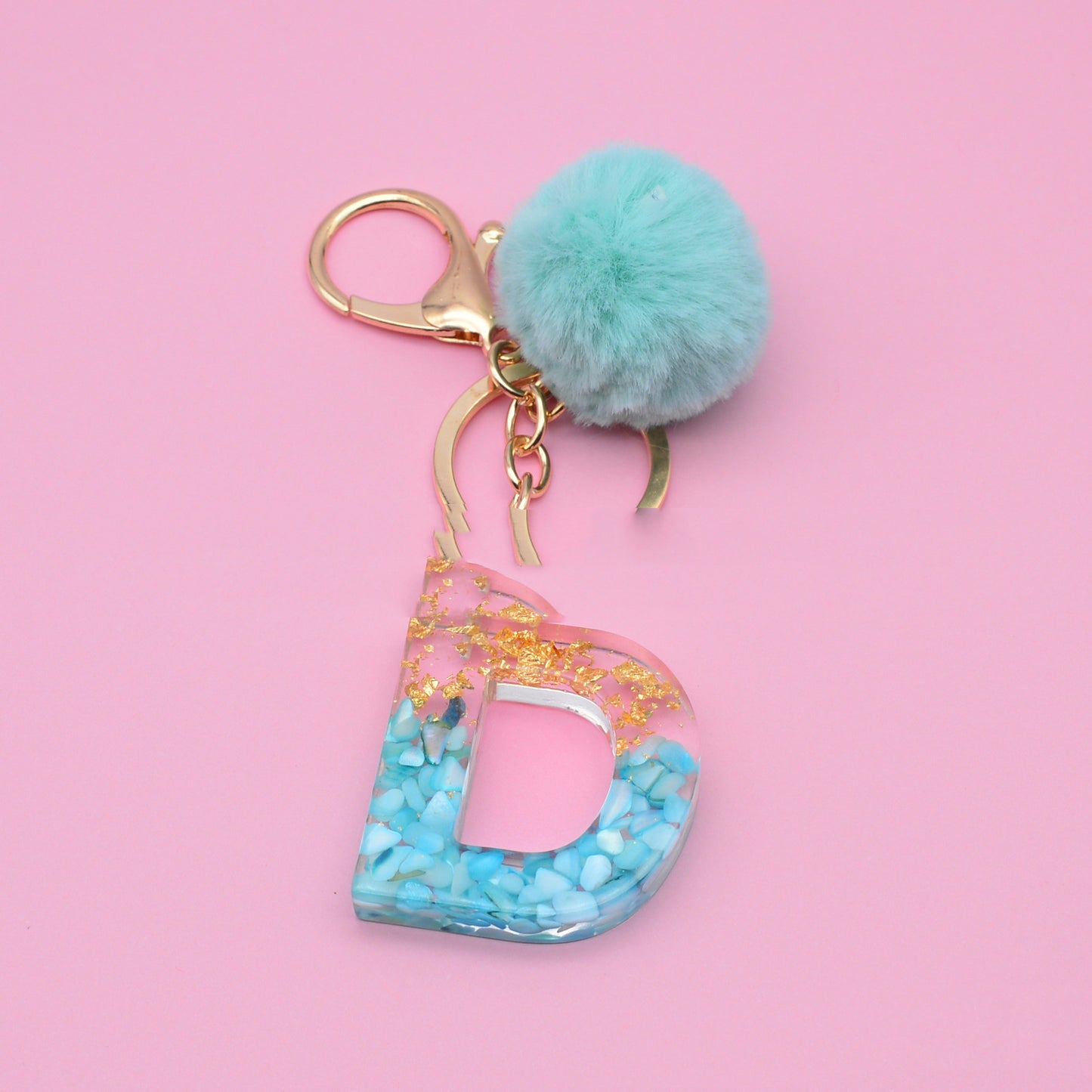 Turquoise Shell And Gold Foil Epoxy Alphabet Keychains