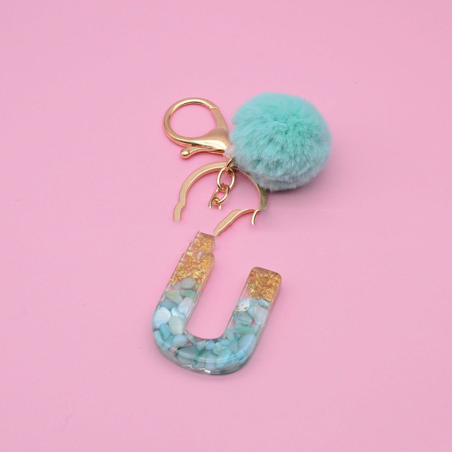 Turquoise Shell And Gold Foil Epoxy Alphabet Keychains