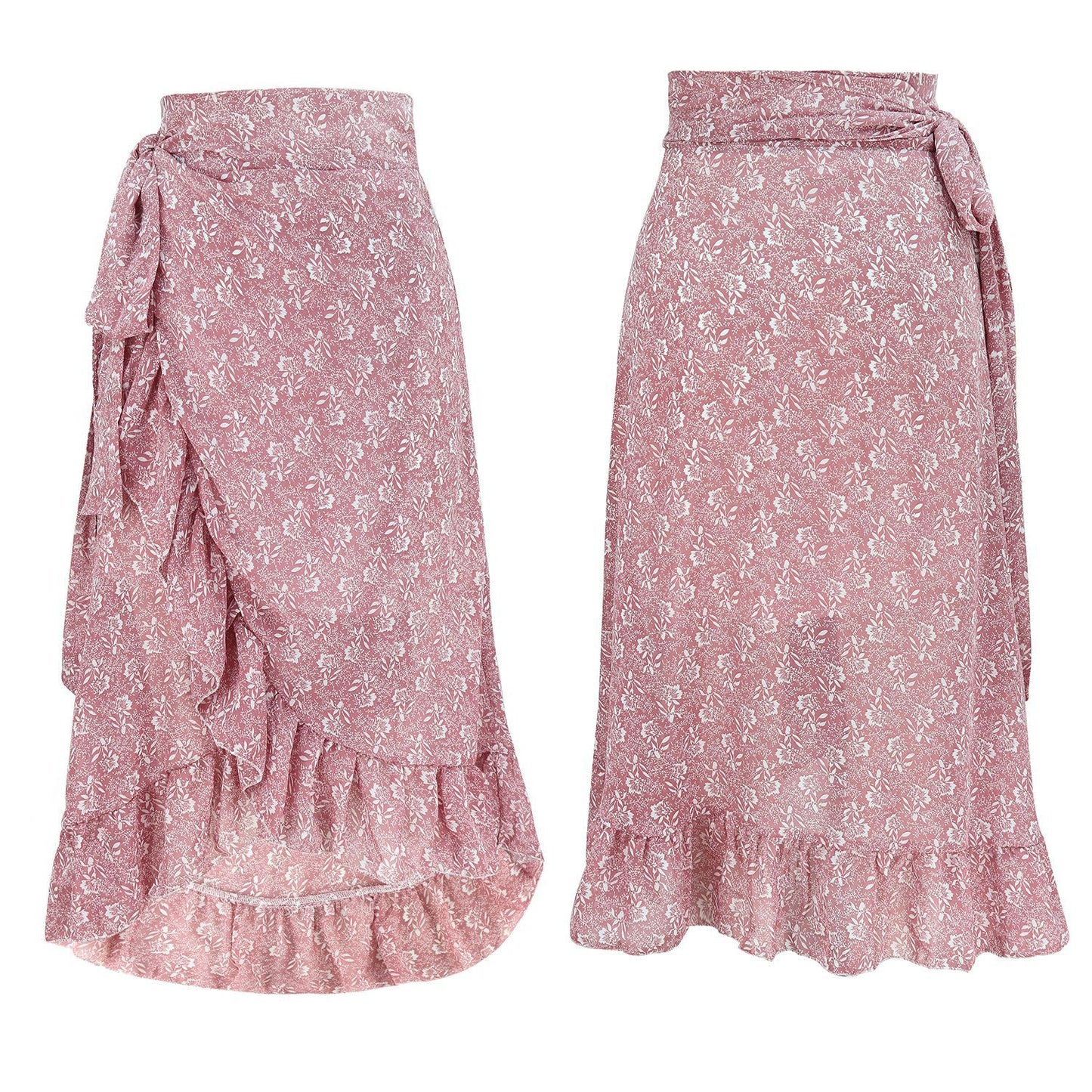 High Waist Knotted Tied Wrap Floral Ruffle Chiffon Split Skirt