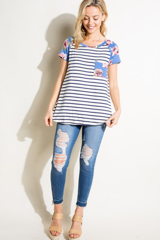 Plus Stripe Floral Mixed Pocket Top