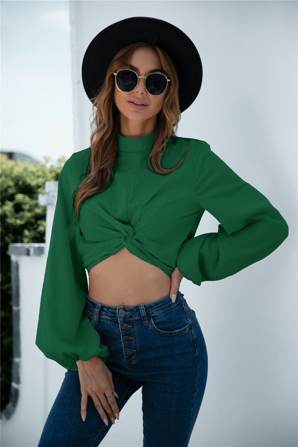 Twisted Design Lantern Sleeve Crop Top