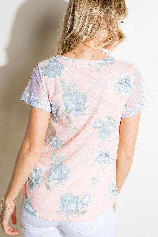 Floral Tri-blend Embroidery Lace Top