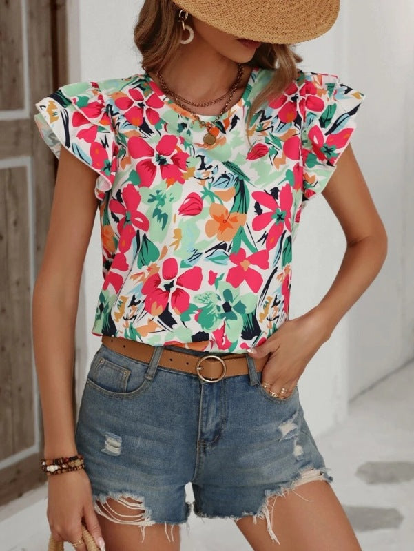 Women's Floral Print Flutter Sleeve Top