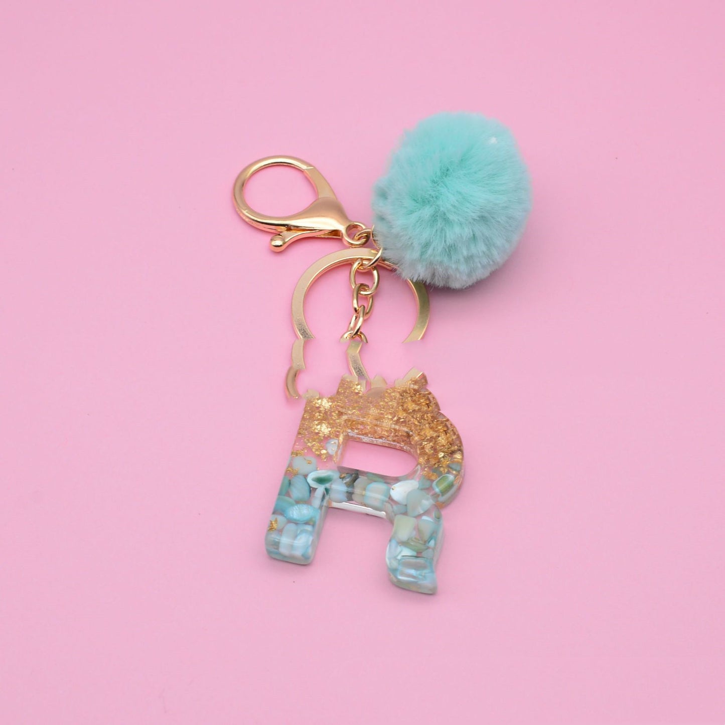 Turquoise Shell And Gold Foil Epoxy Alphabet Keychains