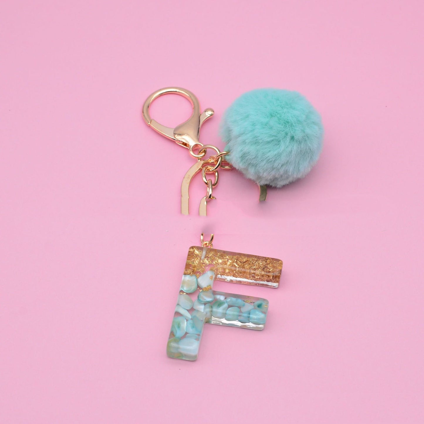 Turquoise Shell And Gold Foil Epoxy Alphabet Keychains