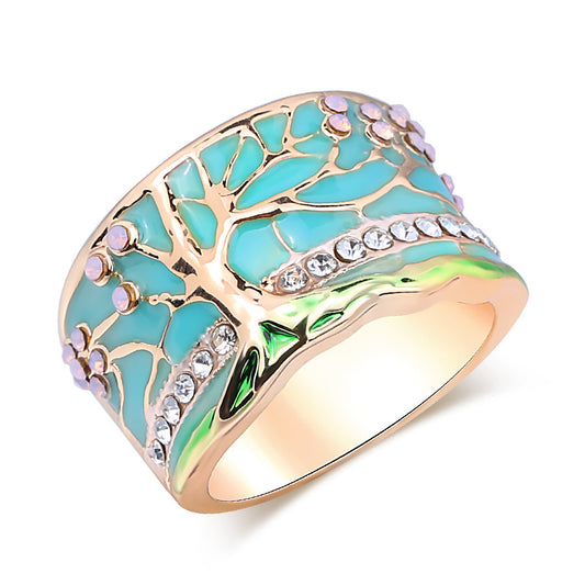 Gold Flower Tree With Pink Opal & Green Enamel Wide Ring For Woman