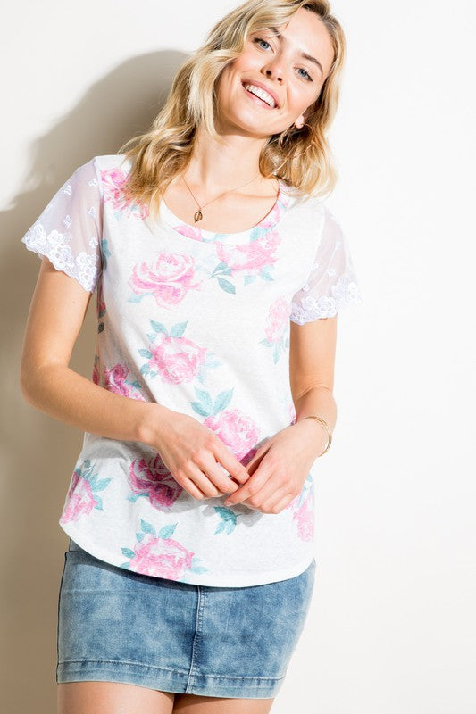 Floral Tri-blend Embroidery Lace Top