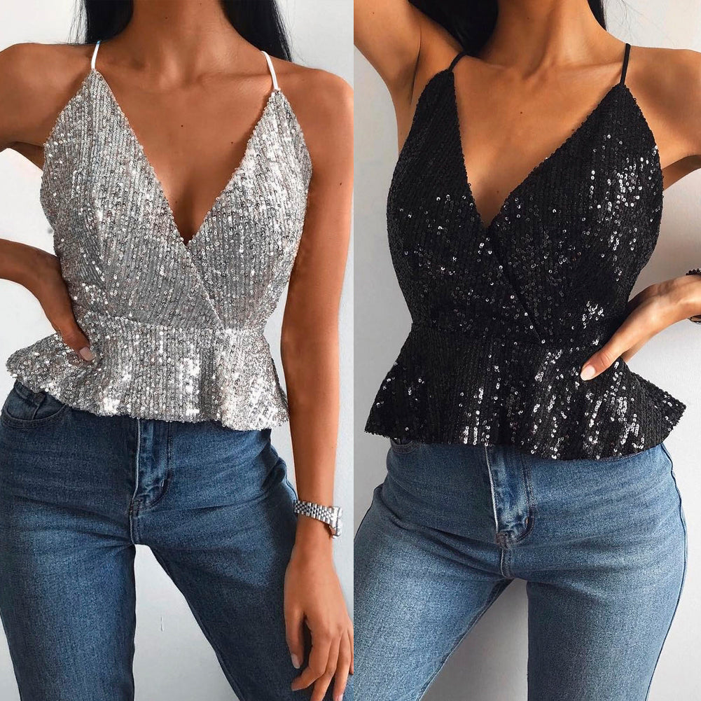 Sequined Peplum Sleeveless Top