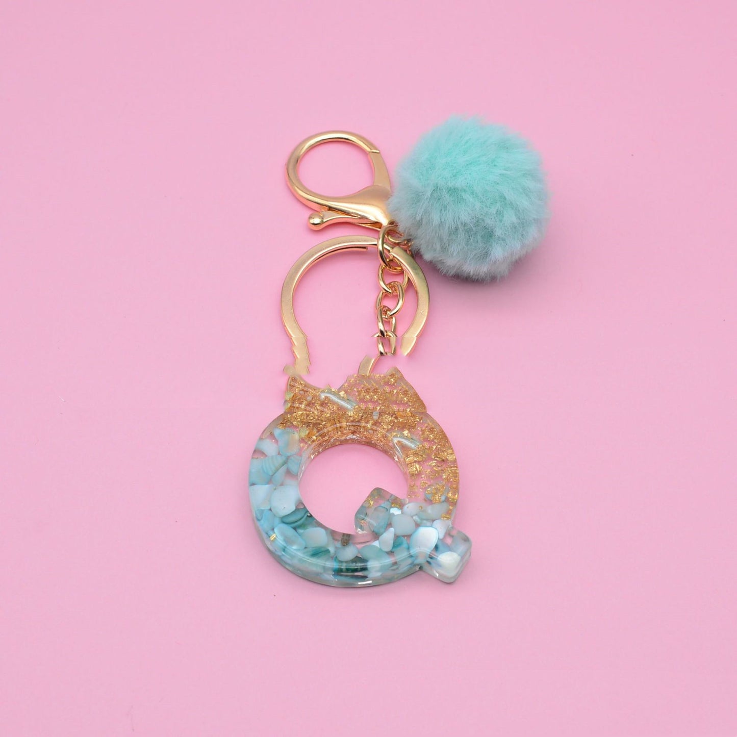 Turquoise Shell And Gold Foil Epoxy Alphabet Keychains