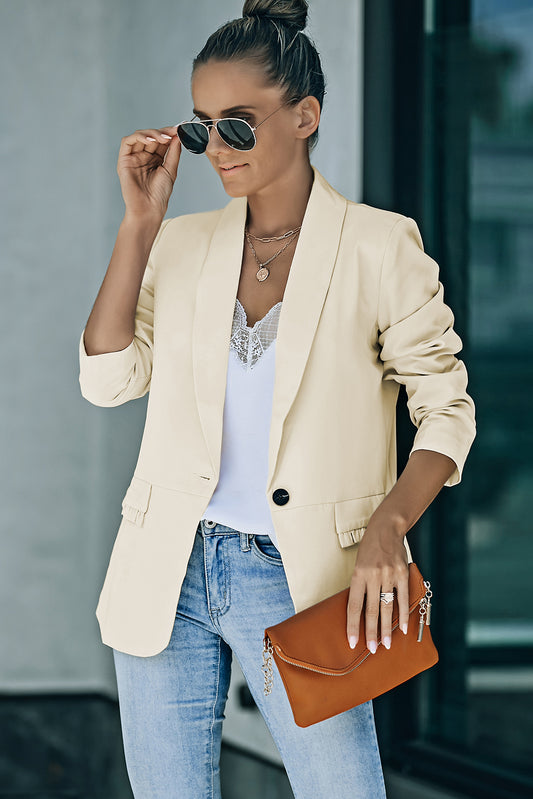 Beige Lapel Collar Button Pocket Blazer