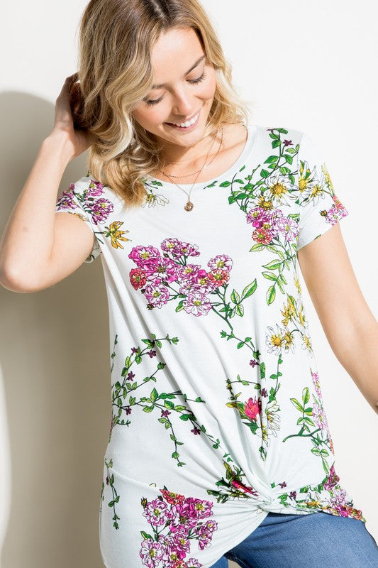 Floral Jersey Front Twist Tunic Top