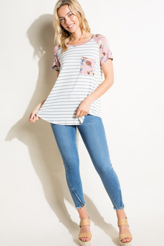 Plus Stripe Floral Mixed Pocket Top