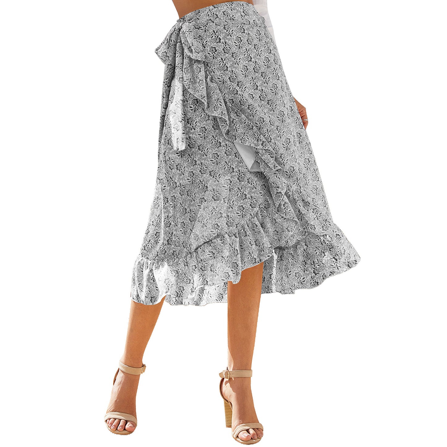 High Waist Knotted Tied Wrap Floral Ruffle Chiffon Split Skirt