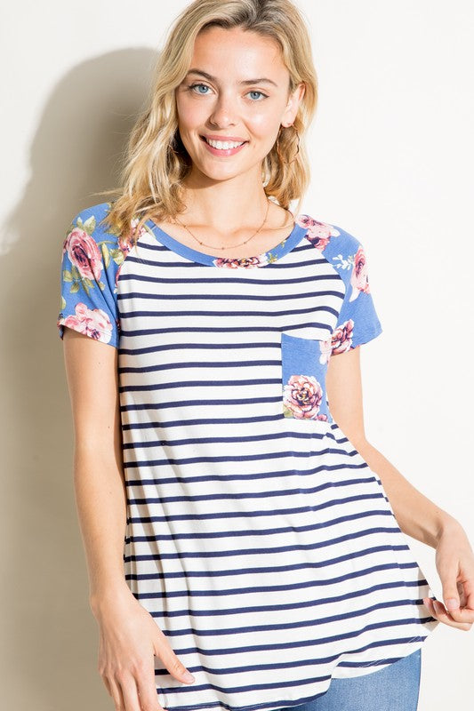 Plus Stripe Floral Mixed Pocket Top