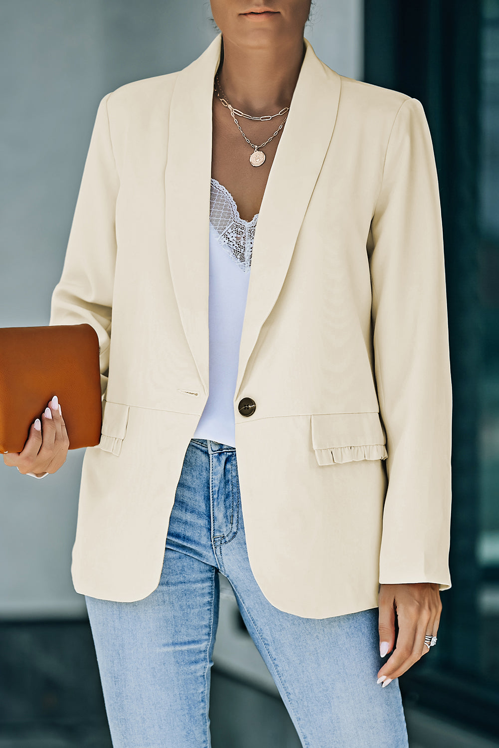 Beige Lapel Collar Button Pocket Blazer