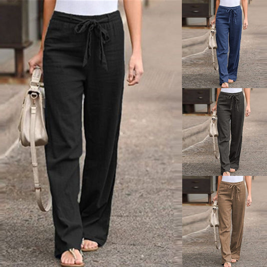 Elastic Waist Solid Color Cotton And Linen Wide-leg Loose Pants