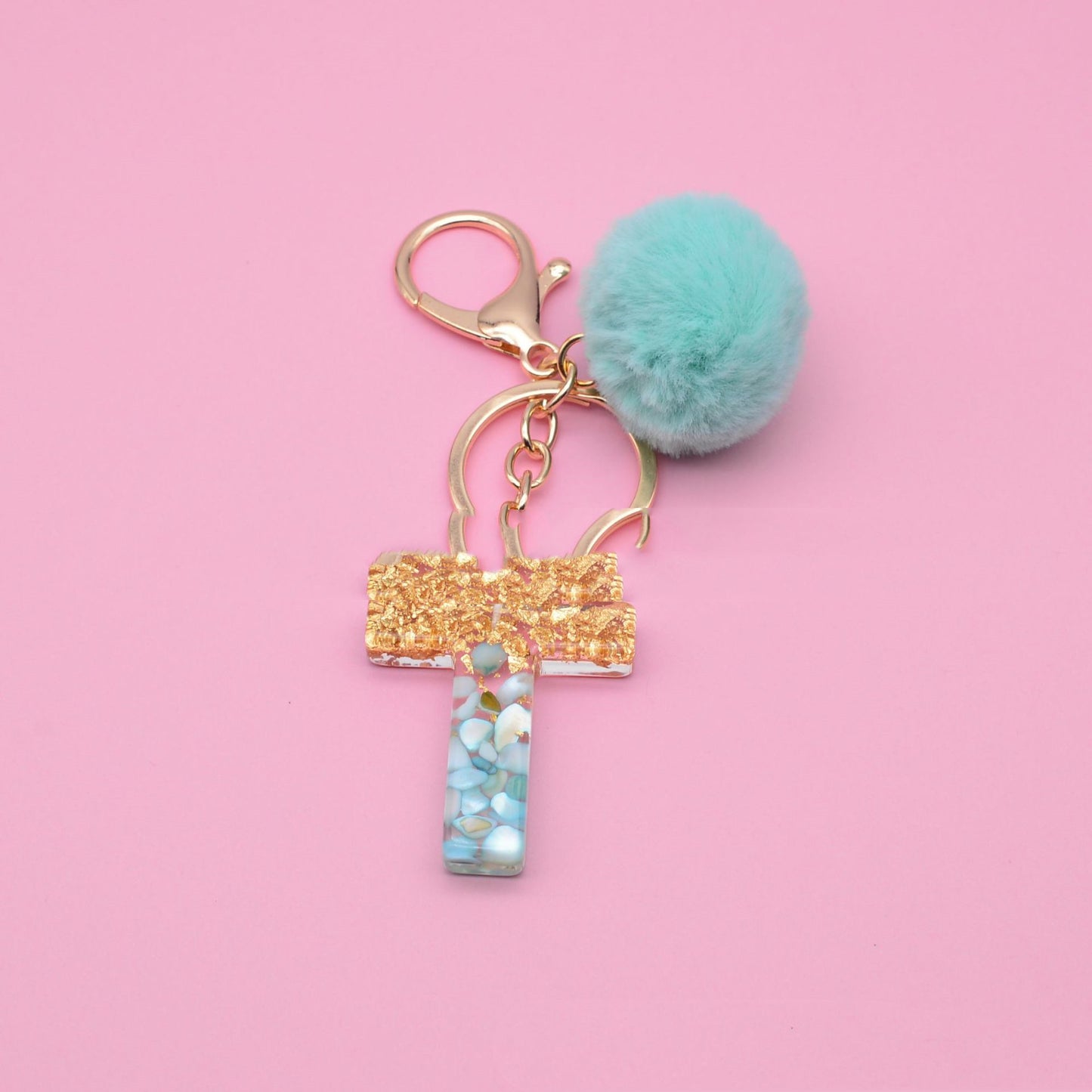 Turquoise Shell And Gold Foil Epoxy Alphabet Keychains