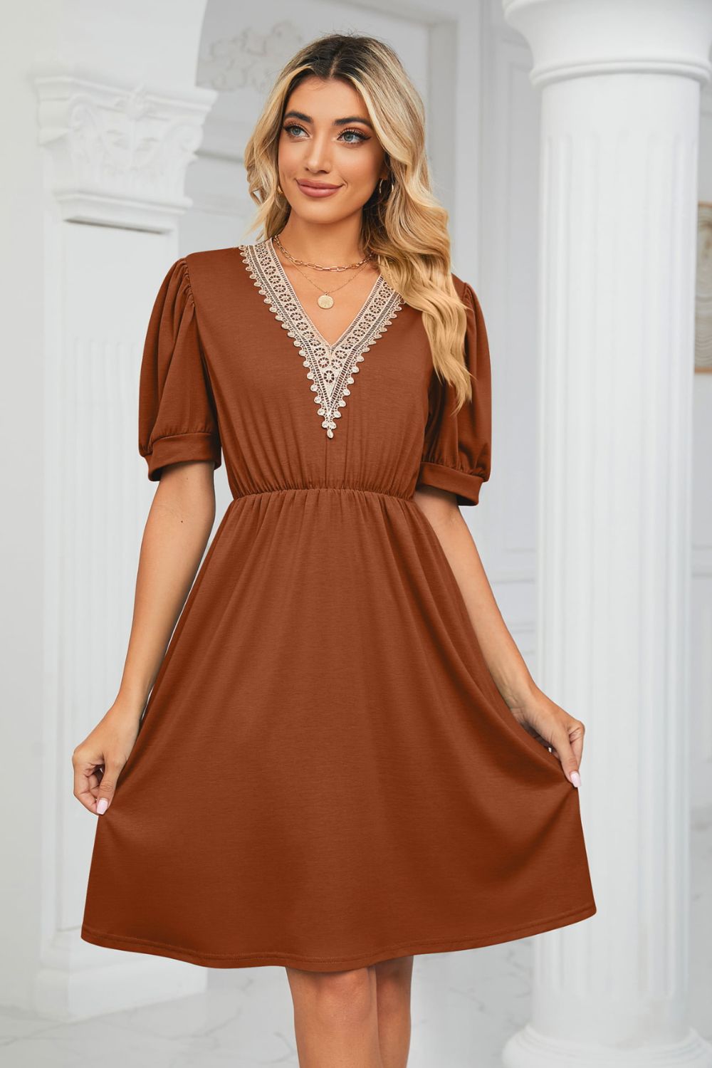 Contrast V-Neck Puff Sleeve Pocket Dress