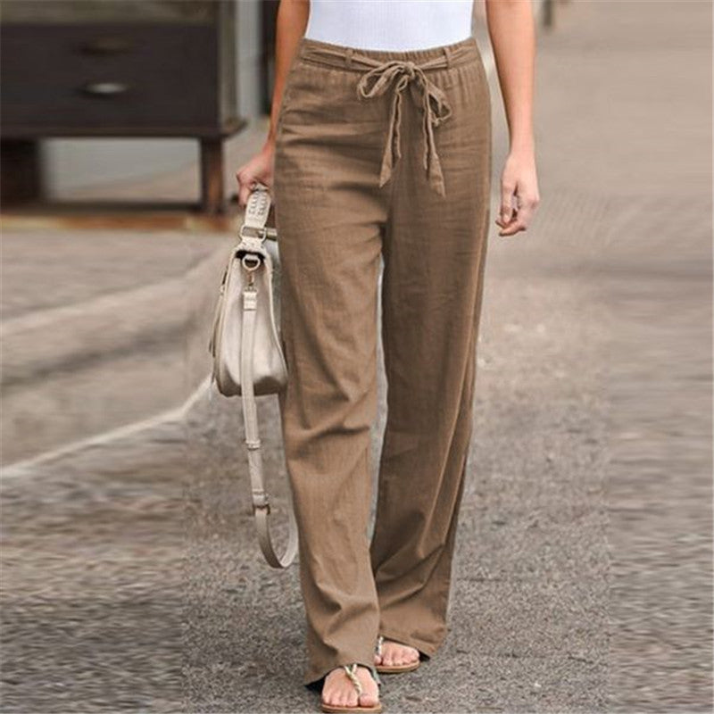 Elastic Waist Solid Color Cotton And Linen Wide-leg Loose Pants