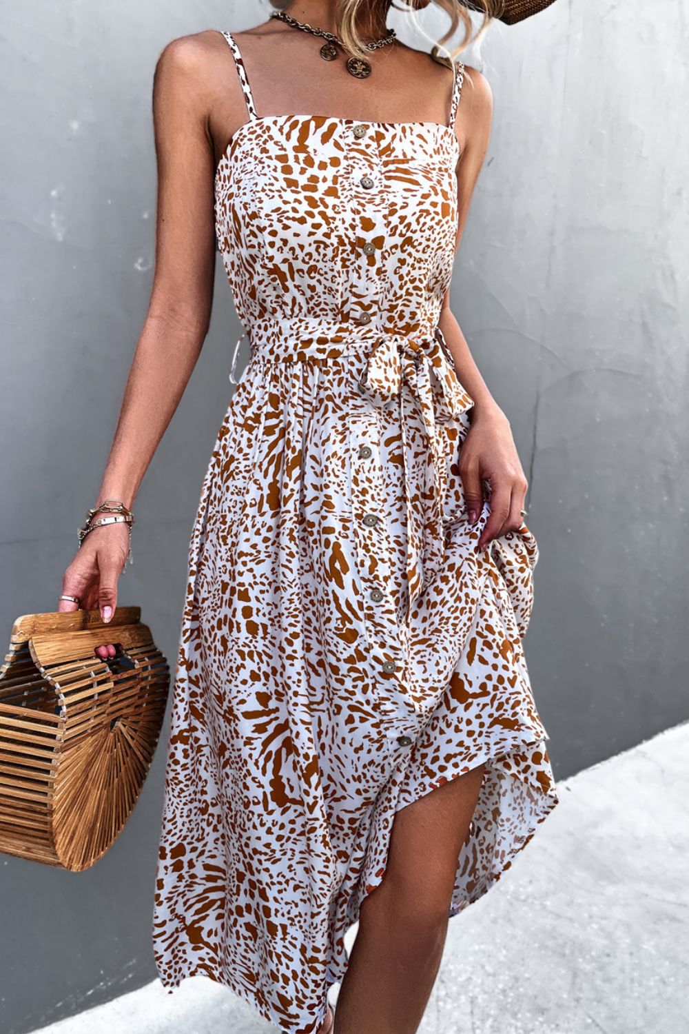 Printed Spaghetti Strap Belted Dress With Decorative Button