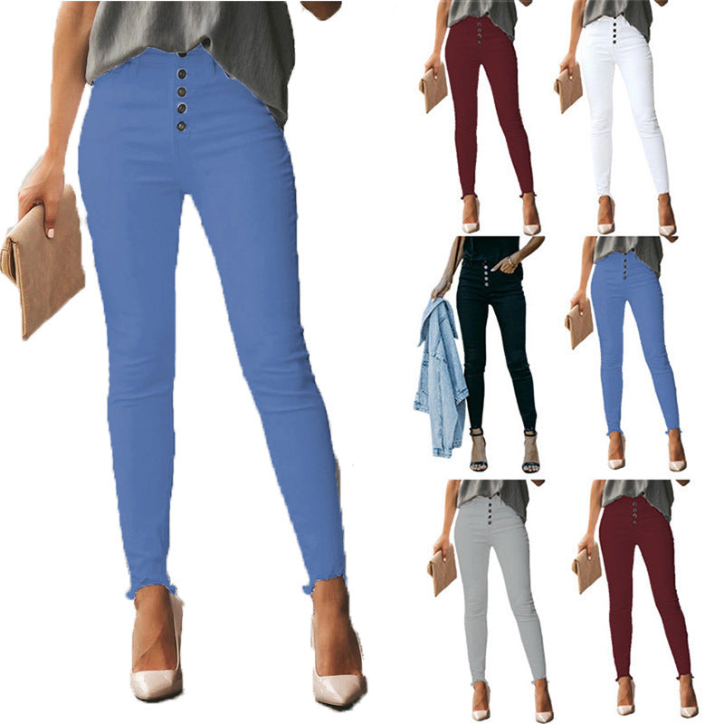 Women's Solid Color Button Trousers