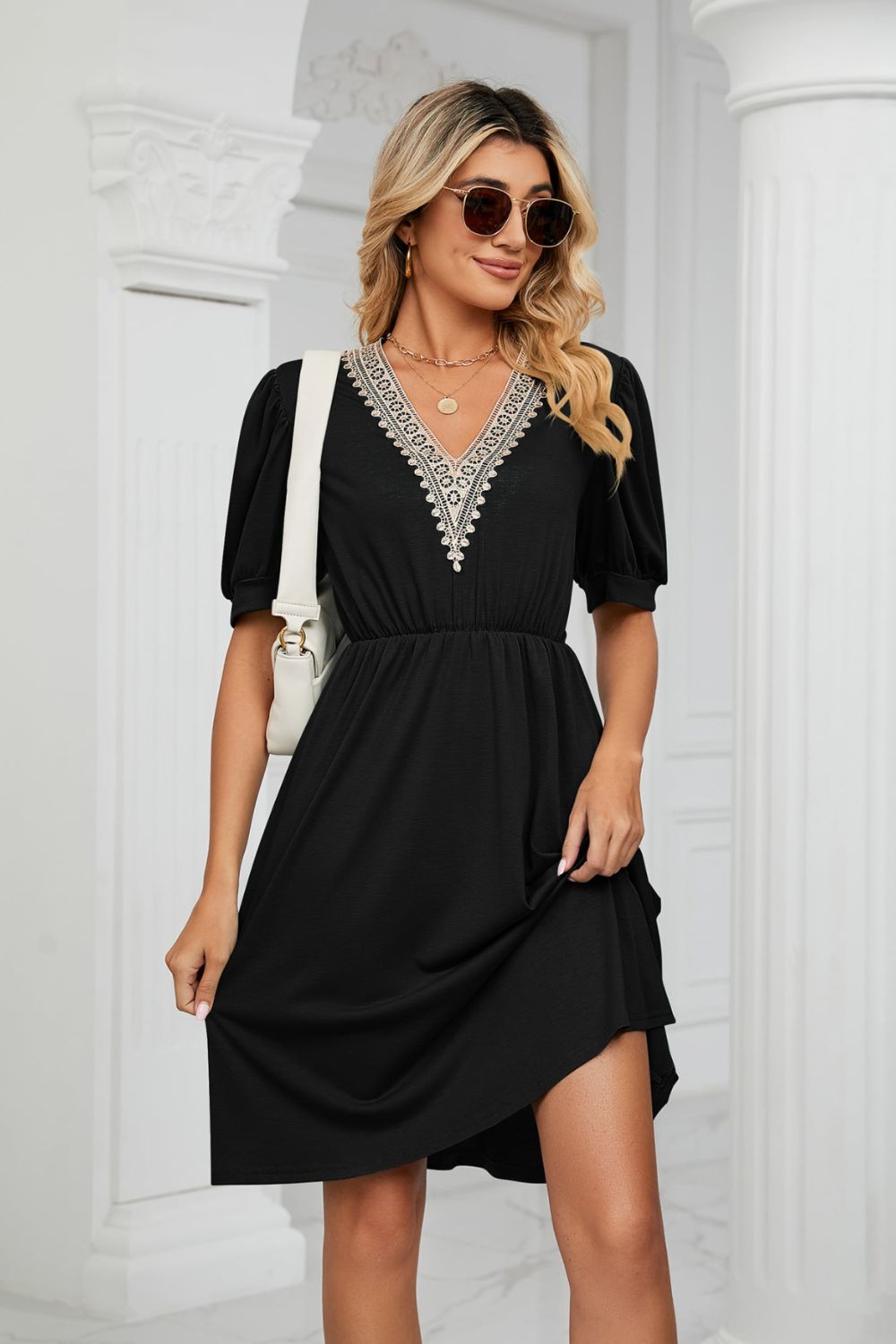 Contrast V-Neck Puff Sleeve Pocket Dress