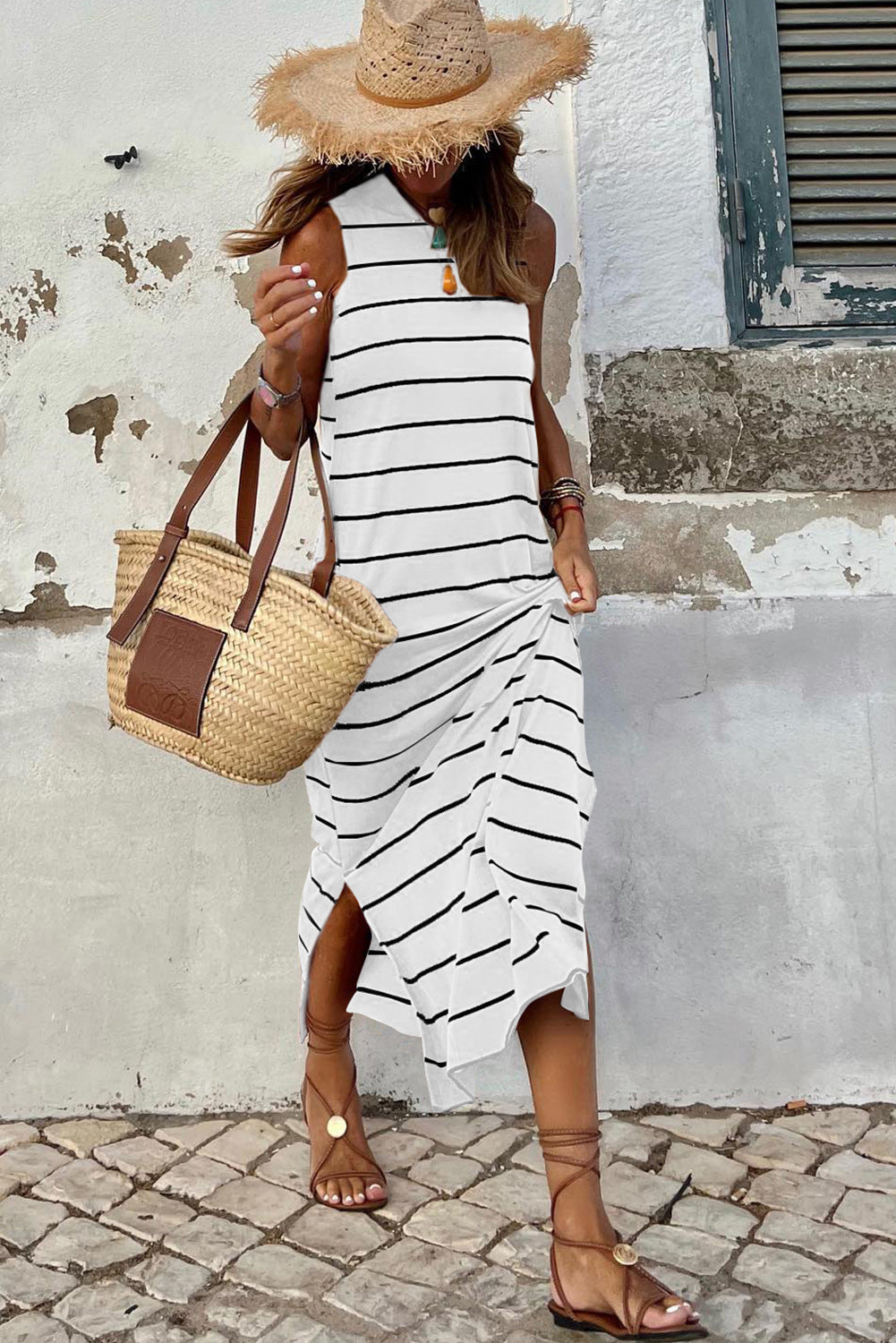 Stripe Print Open Back Sleeveless Maxi Dress with Slits