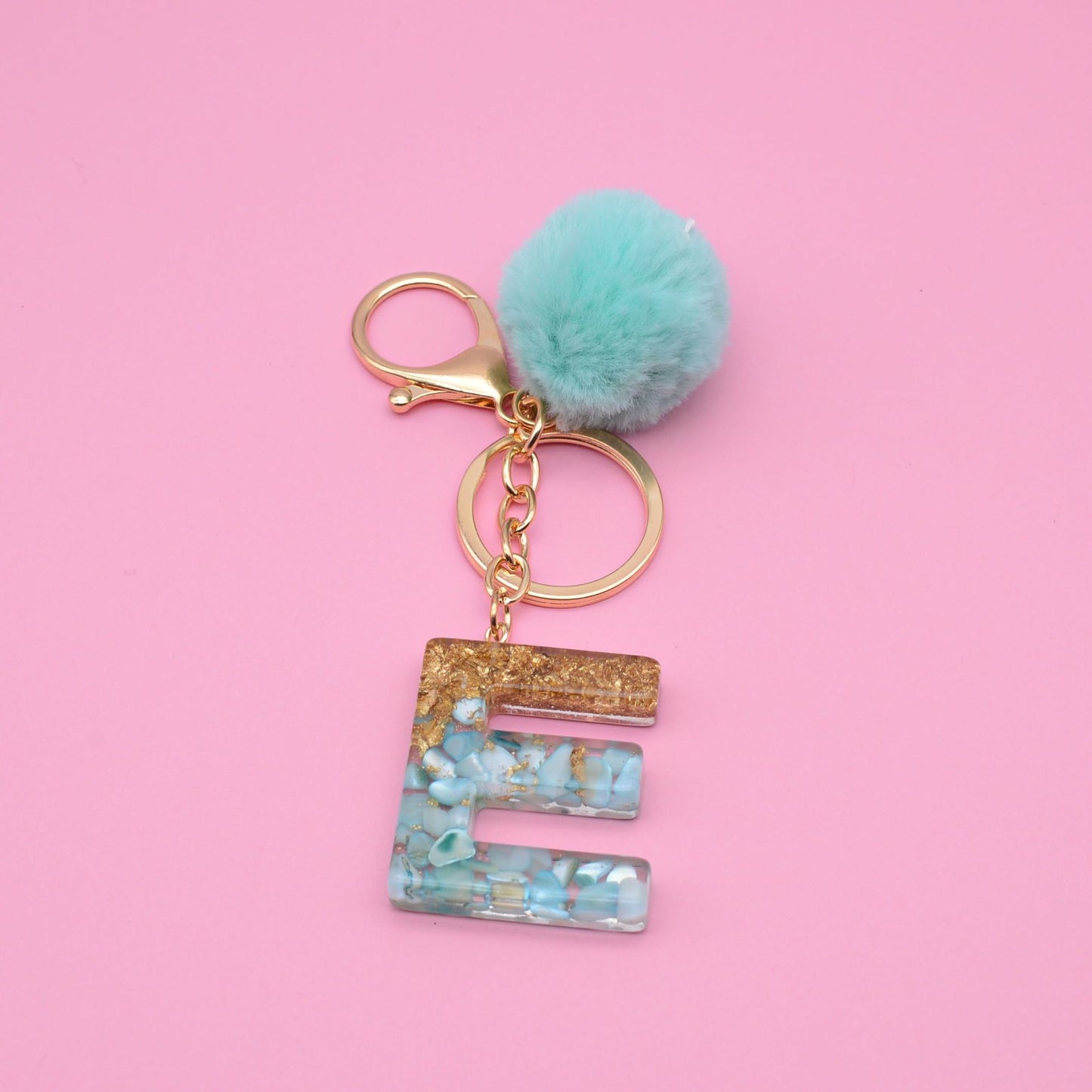 Turquoise Shell And Gold Foil Epoxy Alphabet Keychains