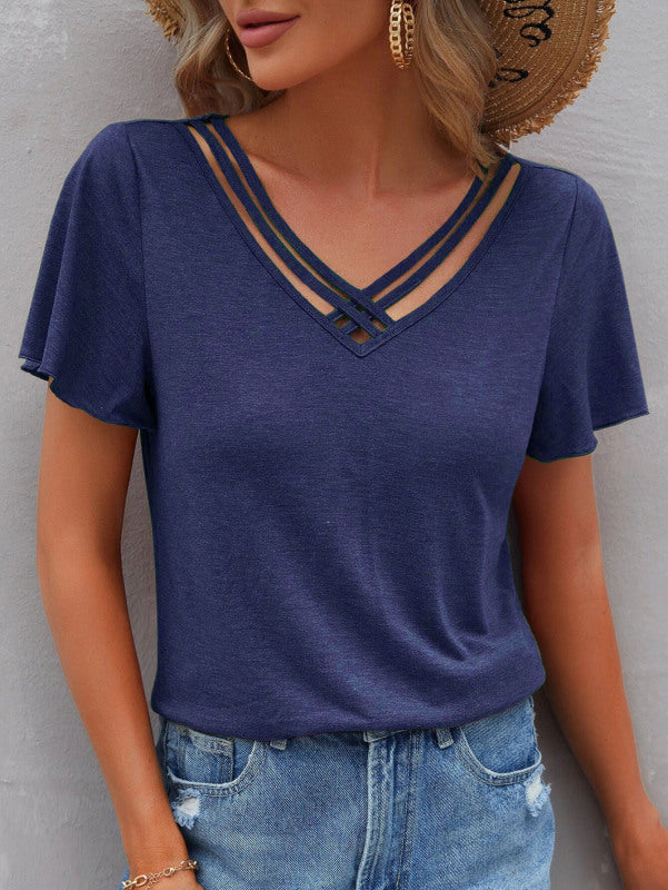 Women's Solid Color Cross Straps V-Neck Tee