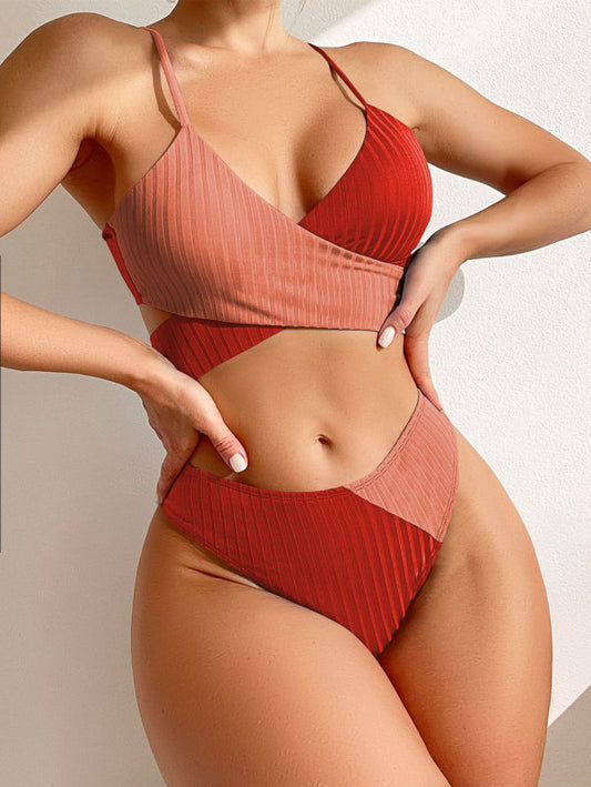 Color Block Cross Strap High Waist Bikini