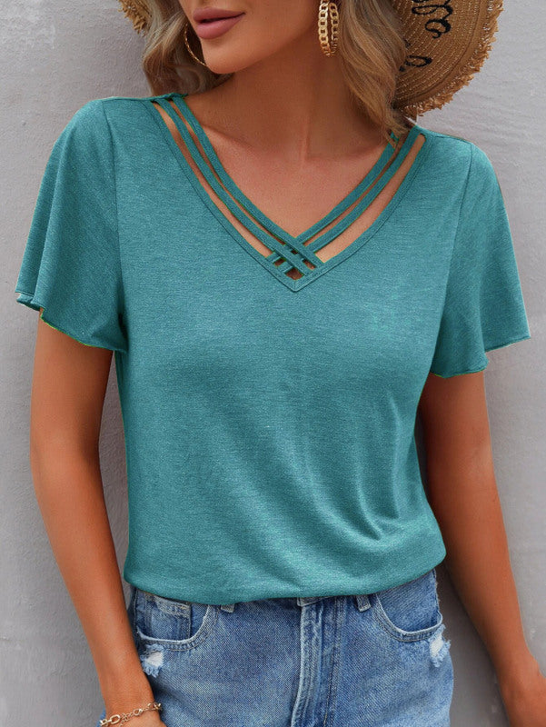 Women's Solid Color Cross Straps V-Neck Tee