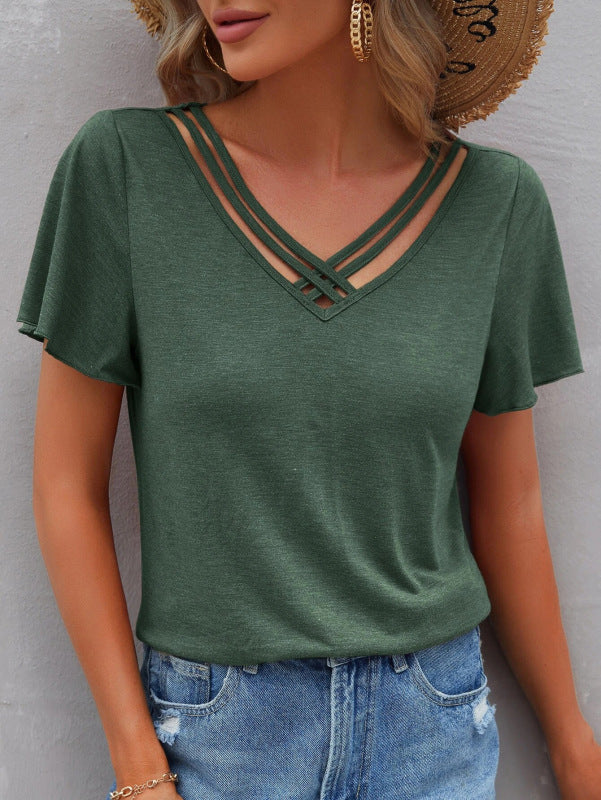 Women's Solid Color Cross Straps V-Neck Tee