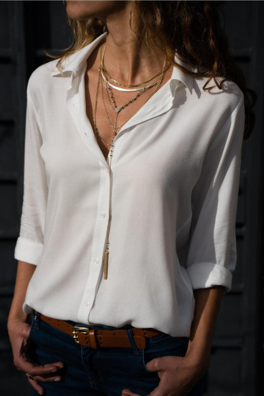 Ladies Long Sleeve Deep V Button Chiffon Shirt