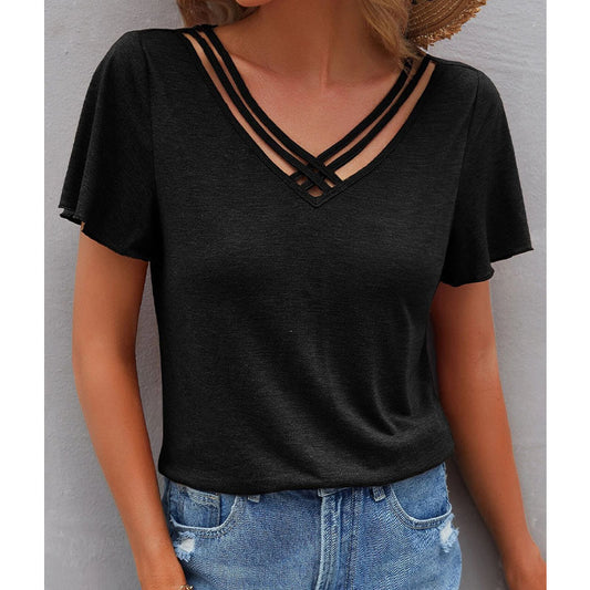 Women's Solid Color Cross Straps V-Neck Tee