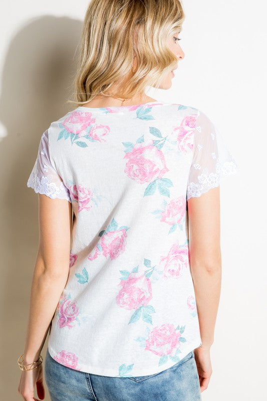 Floral Tri-blend Embroidery Lace Top