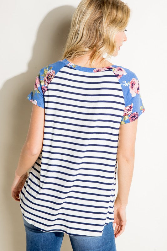 Plus Stripe Floral Mixed Pocket Top