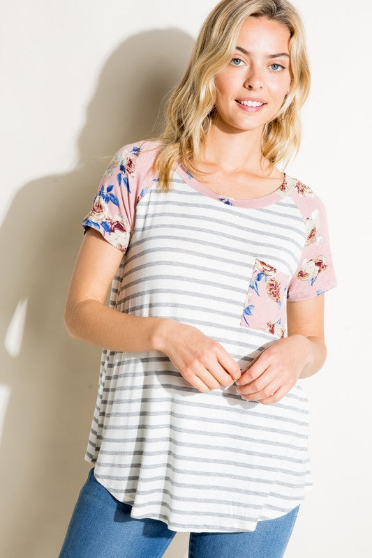 Plus Stripe Floral Mixed Pocket Top