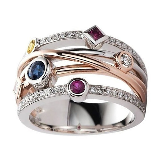 Fashionable Geometric Line Inlaid Multi-color Zircon Ring