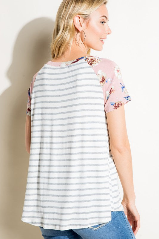 Plus Stripe Floral Mixed Pocket Top