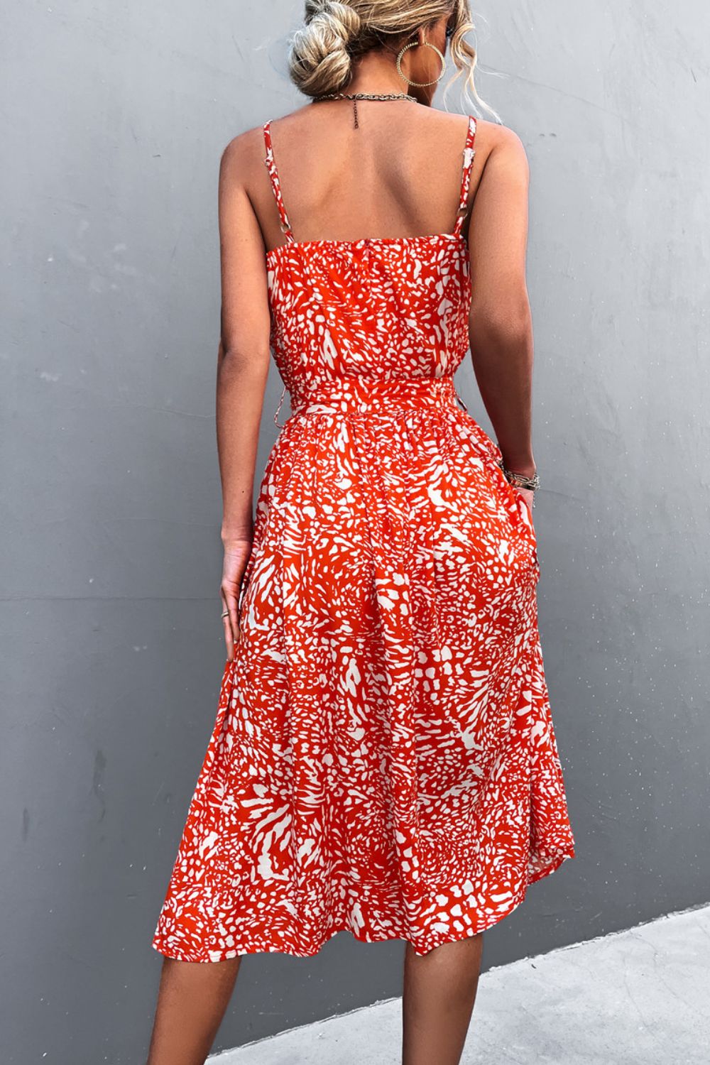 Printed Spaghetti Strap Belted Dress With Decorative Button